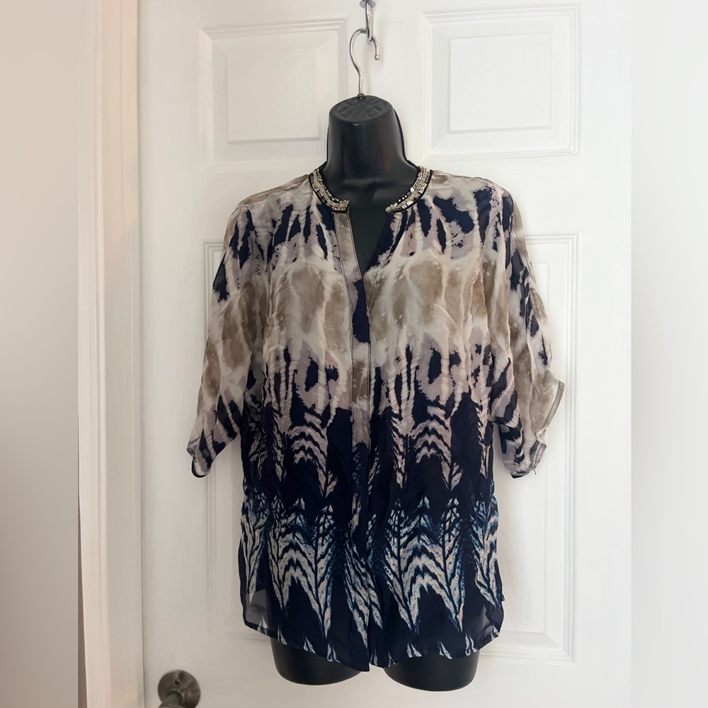 Alberto Makali Navy and Beige Silk Blouse size M